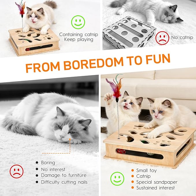 Cat Nail File Enrichment Box, cat Toys for Indoor Cats, Contains Sandpaper Inside,cat Toys for Bored Indoor Adult Cats, Multi-Layer Solid Wood cat Puzzle Toy