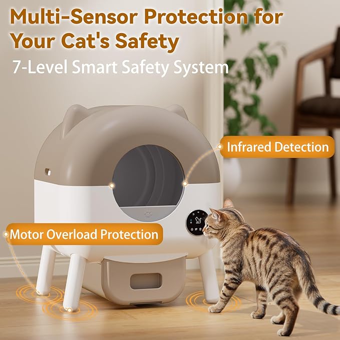Self Cleaning Automatic Cat Litter Box with APP Control – Large Capacity Design for Multiple Cats, Includes Litter Mat & 2 Rolls Trash Bags, Odor-Free & Safety Sensors, Removable Washable Liner,Brown