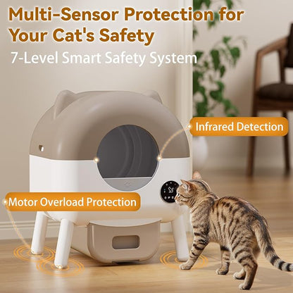 Self Cleaning Automatic Cat Litter Box with APP Control – Large Capacity Design for Multiple Cats, Includes Litter Mat & 2 Rolls Trash Bags, Odor-Free & Safety Sensors, Removable Washable Liner,Brown