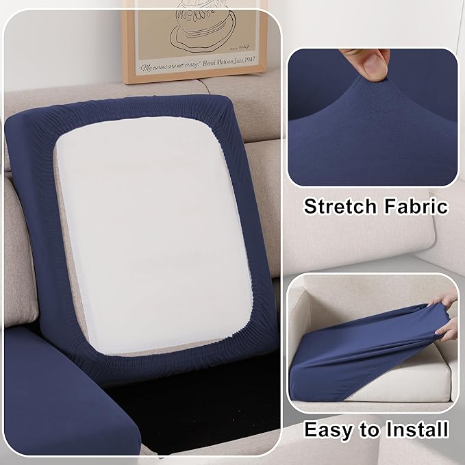 Waterproof Couch Cushion Covers, Stretch Individual Sofa Seat Cover for Sectional L Shaped Sofa, Reversible Couch Furniture Protector for Pets (3-Piece Sofa Cushion Cover, Navy)