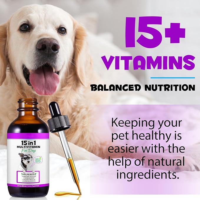 Dog Multivitamin Liquid - 15 in 1 Dog Vitamins Multivitamin, Support Skin & Coat, Heart, Bones and Joint Health, Pet Vitamins and Supplements (2 Fl Oz)