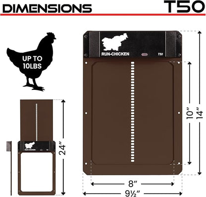 RUN-CHICKEN Door T50 – Automatic Chicken Coop Door Opener, Battery Powered & Weatherproof Aluminum, Smart App & Timer Control, Predator Proof, Easy Install, Reliable All-Season Performance (Brown)