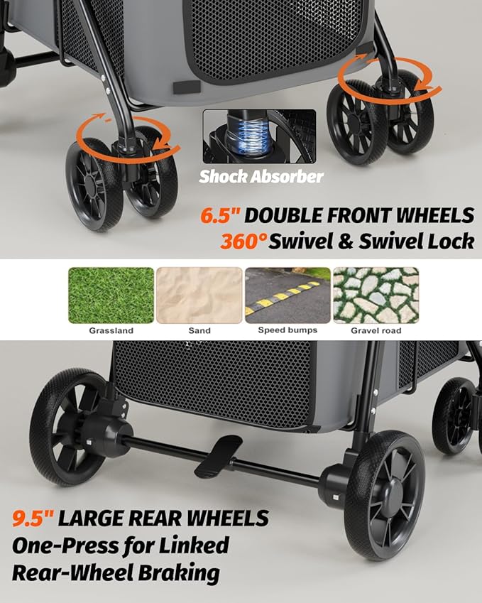 Dog Stroller for Large & Medium Dogs, Pet Stroller for 2 Small Dogs Up to 80 Lbs, Extra Large Heavy Duty, Folding & Breathable, All-Terrain Wheels, Grey
