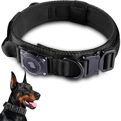 2026 Upgrade Waterproof AirTag Dog Collar, Military Tactical Dog Collar with AirTag Holder, Comfortable Control Handle and Metal Buckle, GPS Dog Collar Holder for Medium to Large Dogs (Black, XL)