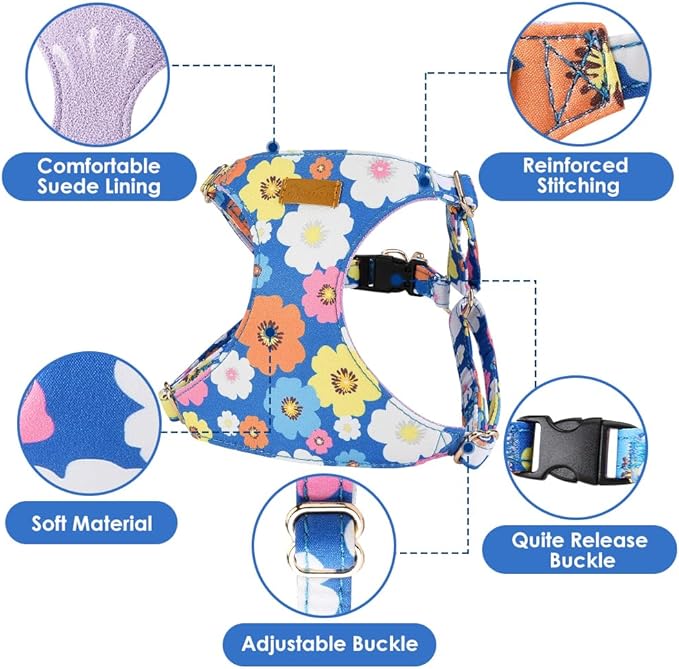 Lukovee Puppy Harness and Leash Set, No Pull Lightweight Soft Suede Adjustable Pet Harness Vest with Snap Buckle for Puppy Small and Medium Size Dog (Blue Flower, XS)