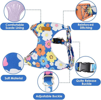 Lukovee Puppy Harness and Leash Set, No Pull Lightweight Soft Suede Adjustable Pet Harness Vest with Snap Buckle for Puppy Small and Medium Size Dog (Blue Flower, S)