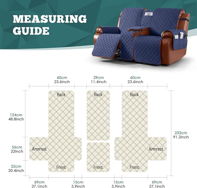 Ruaozz Waterproof Loveseat Recliner Cover with Console Non-Slip Reclining Couch Covers Split Sofa Slipcovers with Elastic Straps Furniture Protector for Kids, Dogs, Pets (Ocean Blue, 2 Seater)