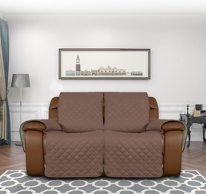 Easy-Going Loveseat Recliner Cover, Reversible Couch Cover for Double Recliner, Split Sofa Cover for Each Seat, Furniture Protector with Elastic Straps for Kids, Dogs, Pets(2 Seater, Brown/Beige)