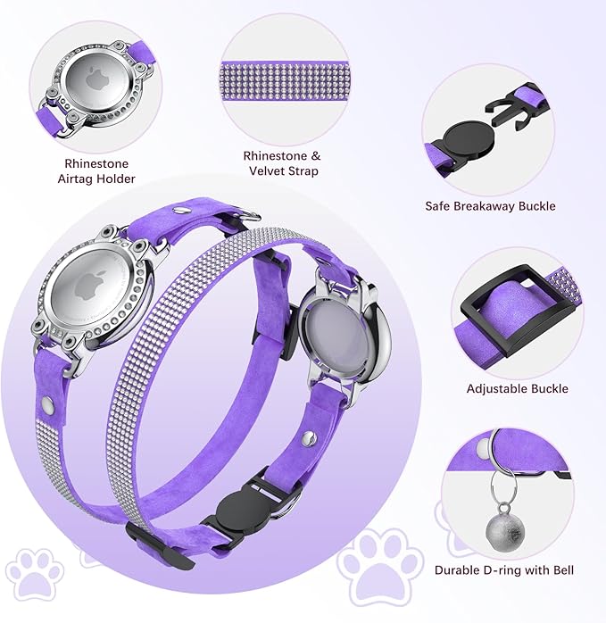 AirTag Cat Collar Breakaway, Diamond Microfiber Cat Collars with Apple Air Tag Holder and Bell, Adjustable Comfortable GPS Tracker Cat Collar for Girl Boy, Kittens, Puppies (Purple)