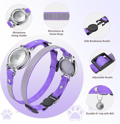 AirTag Cat Collar Breakaway, Diamond Microfiber Cat Collars with Apple Air Tag Holder and Bell, Adjustable Comfortable GPS Tracker Cat Collar for Girl Boy, Kittens, Puppies (Purple)
