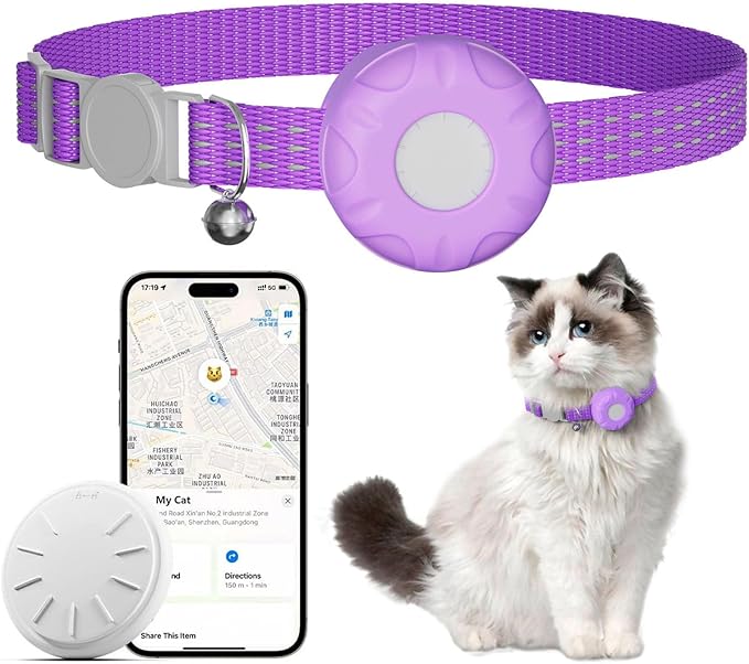 Cat Tracker,No Monthly Fee GPS Trackers for Cats Work with Apple Find My App(iOS Only),Real-Time Location Tracking,Cat Tracker GPS Collar with Safety Elastic Buckle-Purple