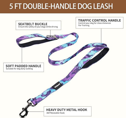 No Pull Dog Harness and Leash Set-Vest Harness with Handle&5FT Dog Leash with Car Seatbelt Clip,Breathable Mesh&Quick Fit Dog Harness Easy for Medium Large Dogs Training Walking(Camo Purple,S)