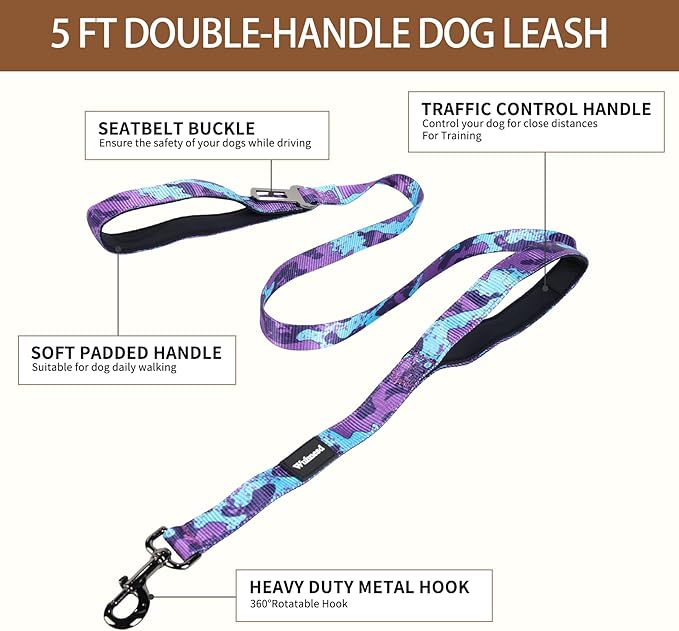 No Pull Dog Harness and Leash Set-Vest Harness with Handle&5FT Dog Leash with Car Seatbelt Clip,Breathable Mesh&Quick Fit Dog Harness Easy for Medium Large Dogs Training Walking(Camo Purple,L)