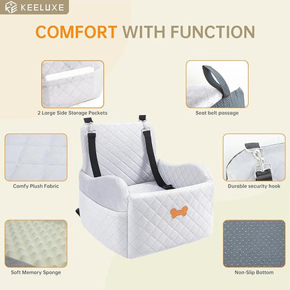 Dog Car Seat for Small Dogs, Dog Booster Seat Filling in Thick Memory Foam with 2 Safety Leashes and Storage Pocket, Suitable for Pet Under 30lb or 2 Puppies (Gray)
