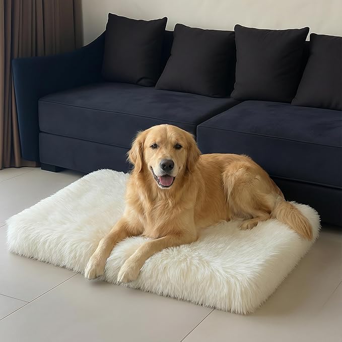 IHAPPYDOG Luxury Faux Fur Orthopedic Dog Beds, Memory Foam Crate Bed for Small, Medium, Large and XL Pets, Fluffy Pet Bed with Waterproof and Washable Cover, Fits Crates (White, 41"x27")