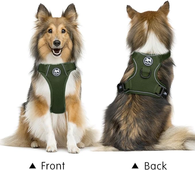 PoyPet Reflective Soft Breathable Mesh Dog Harness Choke-Free Double Padded Vest with Adjustable Neck and Chest(Military Green,XS)