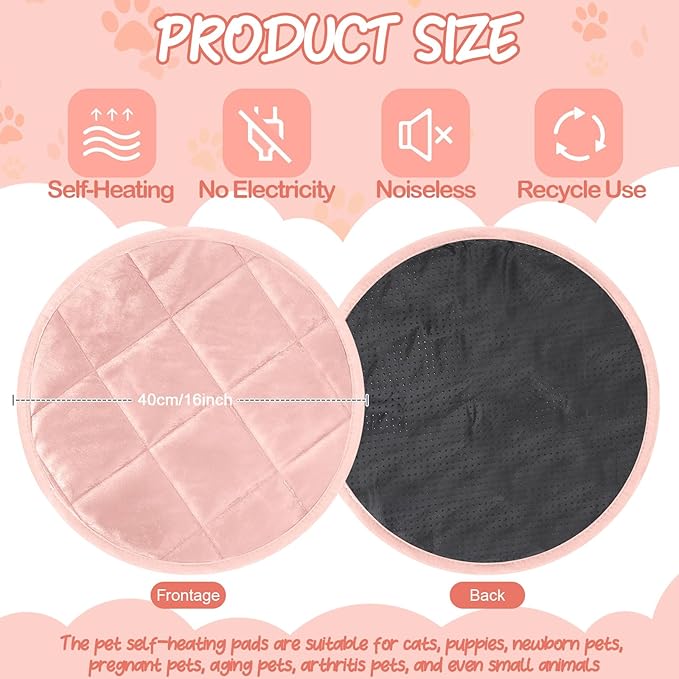 Drydiet 2 Pcs Self Warming Cat Mat Round Self Heating Pad Bed Reversible Machine Washable Heated Bed Anti Slip Warming Pad Pet Mat for Cat Crate Indoor Outdoor(Pink,16 Inch)