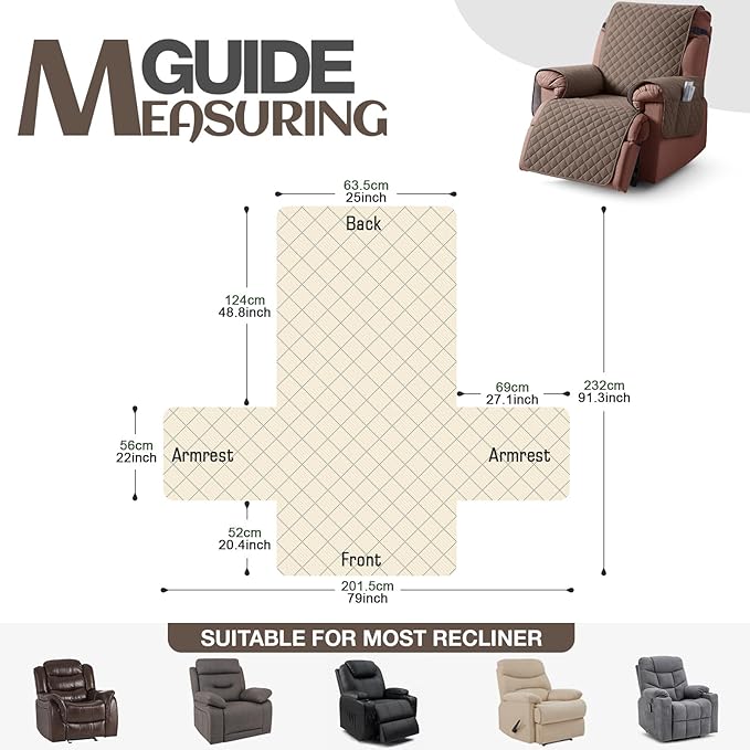KinCam 100% Waterproof Recliner Chair Cover, Reclining Couch Covers for Pets, Dogs, Recliner Couch Slipcover Furniture Protector with Elastic Straps for Kids(25", Brown)