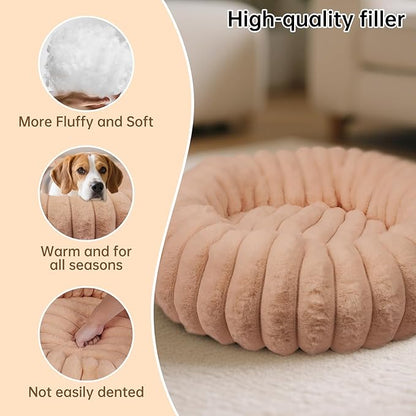 Donut Dog and Cat Bed, Luxurious Comfortable Faux Rabbit Fur Pet Beds, Round Anti-Anxiety Calming Puppy Kitten Bed with Anti-Slip Bottom for Small Medium Dogs & Cats(23", Brown)