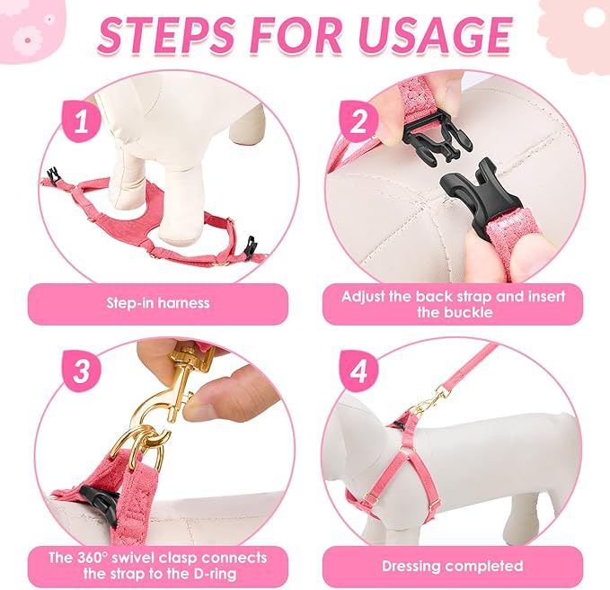 SlowTon Dog Harness Small Sized Dog - Soft XXS Dog Harness and Leash Set No Pull No Chock, Adjustable Lightweight Puppy Harness for XS Small Medium Dogs Cats (Solid Pink, S)