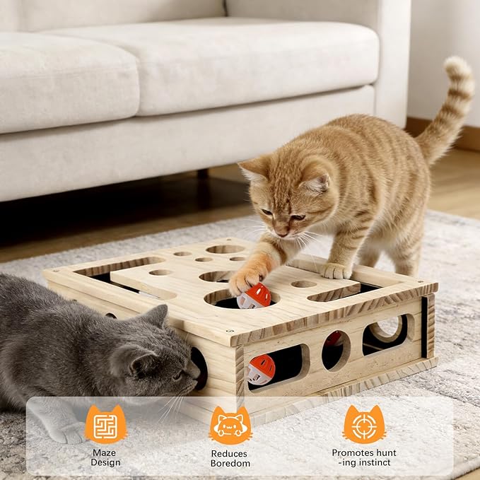Cat Scratch Puzzle Enrichment Box, Large Solid Wood Construction Cat Nail File Enrichment Box with Sandpaper Inside, Indoor Cat Clipper No Pressure Substitute, Interactive Maze Toy