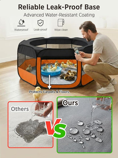 UWE Extra Large Small Animal Playpen, XL Portable Pet Playpen for Rabbit, Kitten, Guinea Pig, Hamster, Puppy – Waterproof Foldable Mesh Tent with Zipper Cover, Indoor Outdoor Use, Orange