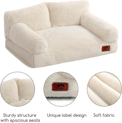 Hollypet Fluffy Dog Cat Bed Pet Couch Beds Plush Soft Warming Washable Puppy Bed for Small Medium Dogs and Large Cats, Beige, 24" L x 18" W x 10" Th