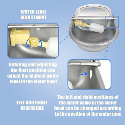 Automatic Animal Drinking Water Bowl with Float Valve, Extended Pipe, Stainless Steel Waterer Feeder Farm Dog Dispenser Kit Self Filling for Livestock