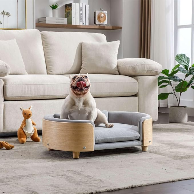 Velvet Dog Bed Pet Sofa with Solid Wood Legs and Bent Wood Back, Stain-Resistant Cushion in Multiple Colors - Luxury Pet Furniture for Cats and Dogs, Light Grey