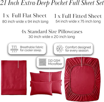 Southshore Fine Living, Inc. 6-Piece Full Sheet Set, Premium Bedding, 21-Inch Deep Pocket Full Size Sheets Set, Deep Pocket Fitted Sheet, Queen Pillow Cases, Red Sheets, Red Pillow Cases, Chili Pepper