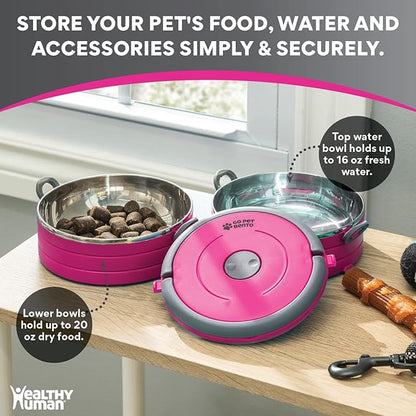 Healthy Human Travel Pet Bento Bowls - Human-Grade Stainless Steel & BPA-Free, Leak-Proof Water & Food Container Set for Dogs & Cats, 2-Pack Interlocking Bowls, Includes Spare Clips & Handle (Pink)