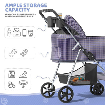 Magshion Foldable Pet Stroller, 3-in-1 Dog Travel Jogger with Detachable Carrier, Cup Holder, Storage Basket, Folding Carrier for Small/Medium Dogs & Cats Up to 33 lbs, Plaid