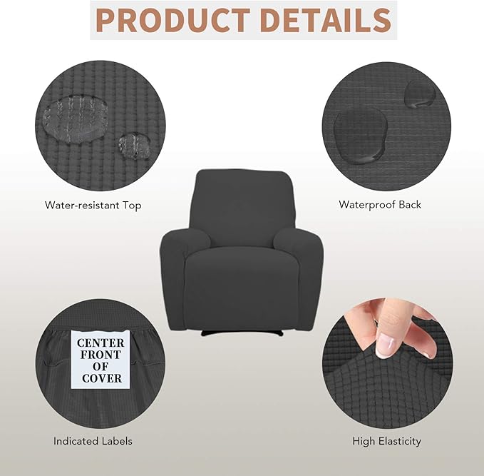 Easy-Going 100% Waterproof Recliner Cover, Dual Waterproof Couch Cover for Recliner, 1- Piece Jacquard Sofa Cover, Leakproof Sofa Slipcover for Kids, Pets, Dog and Cat (Recliner, Dark Gray) 1 Seat