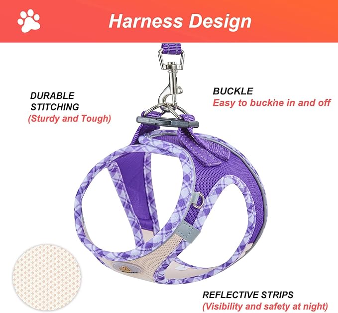 Hipubby Dog Harness Small Sized and Leash Set, No Pull Soft Mesh Puppy Vest, Reflective Breathable Lightweight Pet Harness, Harness for Small Medium Dogs and Cats - Purple/White Trim, S
