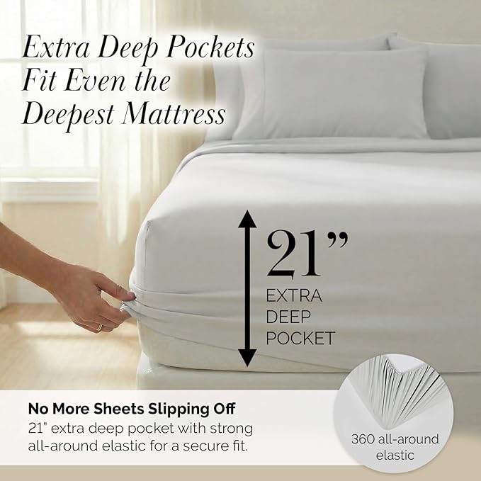 Southshore Fine Living, Inc. 21-Inch Extra Deep Pocket Queen Sheet Set 6 Piece for Tall Mattress, Pet Hair Resistant Bedding, Microfiber Queen Size Sheets, Breathable Easy Care, Light Grey Sheets