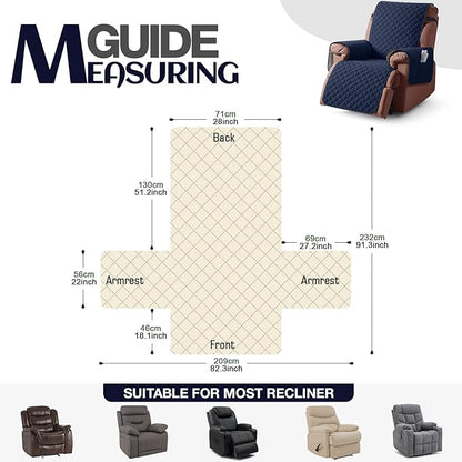KinCam 100% Waterproof Recliner Chair Cover, Reclining Couch Covers for Pets, Dogs, Recliner Couch Slipcover Furniture Protector with Elastic Straps for Kids(28", Dark Blue)