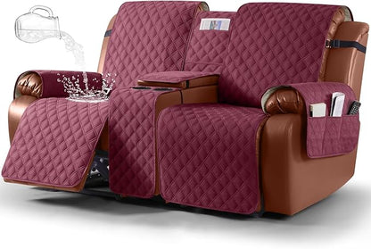 Ruaozz Waterproof Loveseat Recliner Cover with Console Non-Slip Reclining Couch Covers Split Sofa Slipcovers with Elastic Straps Furniture Protector for Kids, Dogs, Pets (Wine, 2 Seater)