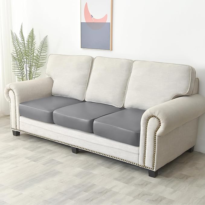 Yates Home PU Leather Couch Sofa Cushion Slipcover Water-Proof Elastic Chair Seat Covers Loveseat Slip Cover for Seater Replacement in Living Room (3 Piece Large Sofa Cushion Covers, Light Gray)