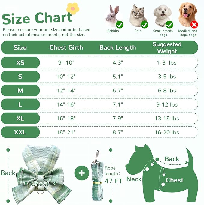 Cute Dog Harness and Leash Set with Bow Tie Soft Mesh Plaid Girl Puppy Harness No Pull Pet Cat Dog Vest Harness for Small Dogs Chihuahua Rabbit Outfit (Green,S)