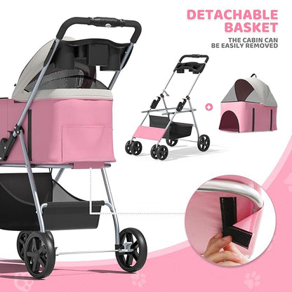 Magshion Foldable Pet Stroller, 3-in-1 Dog Travel Jogger with Detachable Carrier, Cup Holder, Storage Basket, Folding Carrier for Small/Medium Dogs & Cats Up to 33 lbs, Pink