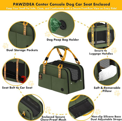 PAWZIDEA Center Console Dog Car Seat, Enclosed Small Dog Armrest Booster Carseat, Secure Straps &Anti Slip, Portable TSA Approved Puppy Pet Carrier Soft-Sided, Removable Pillow Storage Pocket, up 12lb