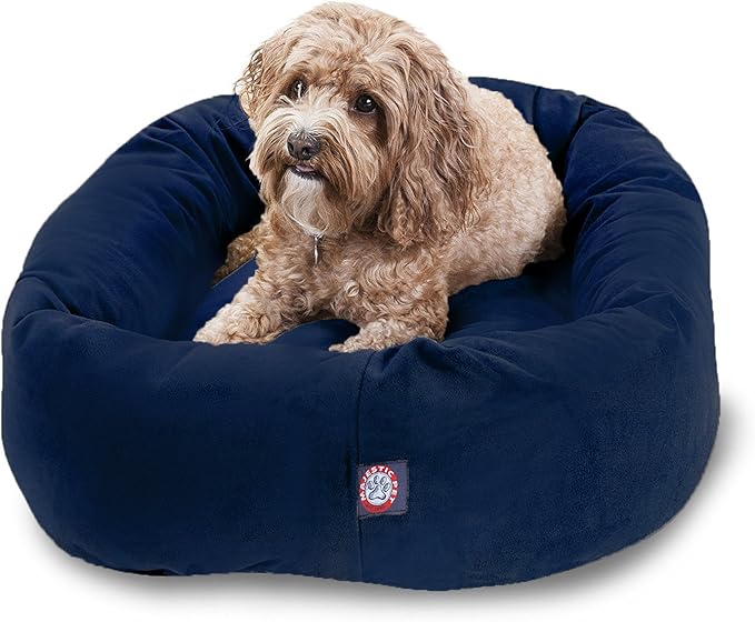 Majestic Pet 32 Inch Suede Calming Dog Bed Washable – Cozy Soft Round Dog Bed with Spine Support for Dogs to Rest Their Head - Fluffy Donut Dog Bed 32x23x7 (Inch) - Round Pet Bed Medium – Navy