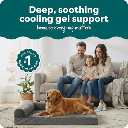 Furhaven Cooling Gel Dog Bed for Large Dogs w/ Removable Bolsters & Washable Cover, For Dogs Up to 95 lbs - Plush & Velvet L Shaped Chaise - Platinum Gray, Jumbo/XL
