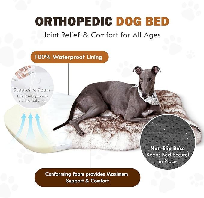 Plush Faux Fur Dog Bed for Large Dogs, Fluffy Luxury Dog Mattress, Fuzzy Dog Bed Mat Soft Flat Dog Beds Washable and Waterproof Pet Dog Rug Bed, Extra Large Orthopedic Dog Bed, Brown, 50"