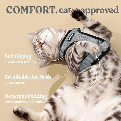 rabbitgoo Cat Harness and Leash for Walking, Escape Proof Soft Adjustable Vest Harnesses for Cats, Easy Control Breathable Reflective Strips Jacket, Grey, S