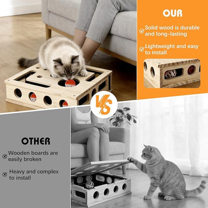 Cat Scratch Puzzle Enrichment Box, Large Solid Wood Construction Cat Nail File Enrichment Box with Sandpaper Inside, Indoor Cat Clipper No Pressure Substitute, Interactive Maze Toy