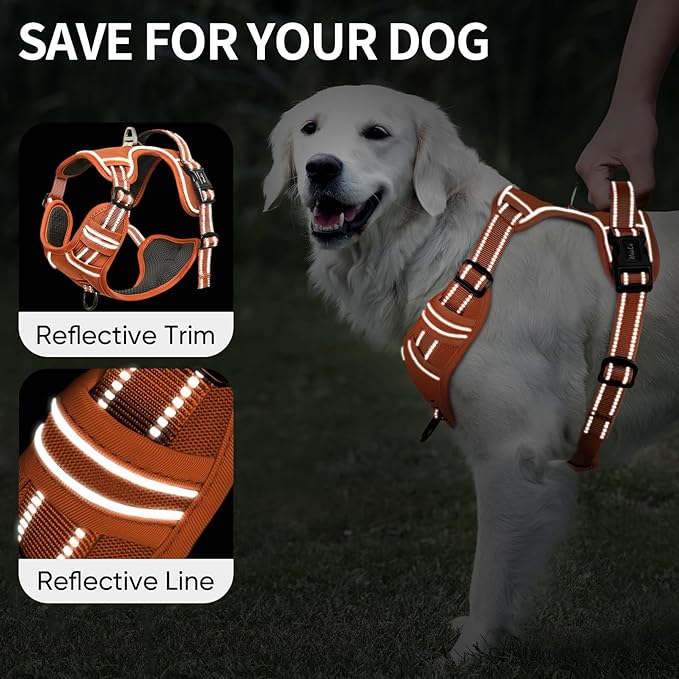 HEELE Dog Harness for Medium Dogs No Pull Dog Vest Harness with Soft Padded Handle Reflective for Outdoor Training, Pumpkin Orange, M
