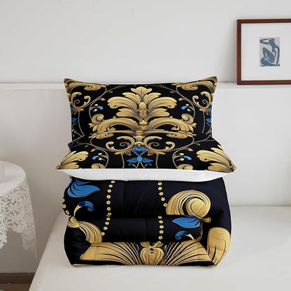 Bohemian Paisley King Comforter Set Hippie Mandanla Bedding Set, Black and Gold Duvet Insert Vintage Floral Quilt Comforter Boho Aesthetic Flower Bedding Comforter Sets, Retro Medallion Bedroom Decor