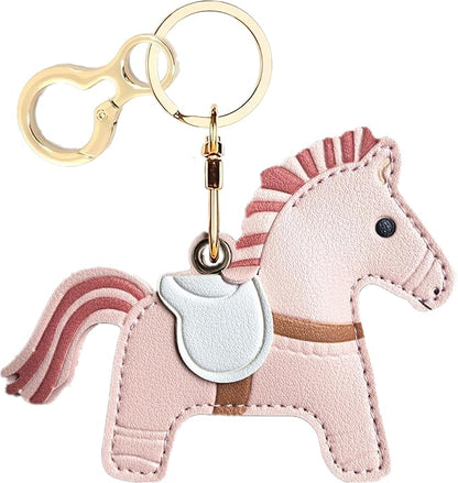 Leather Keychain Holder Case Compatible with AirTag,Cute Protective Cover with Keyring,Anti-Scratch Finder GPS Tracker Case for Wallet Keys,bag,pets,Backpack(Horse B)