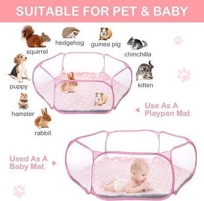 VitalCozy Hamster Playpen with Mat Small Animal Cage Tent Breathable Transparent Guinea Pig Playpen Waterproof Portable Yard Fence Mat Foldable Exercise Playpen Outdoor Indoor (Pink,Star)